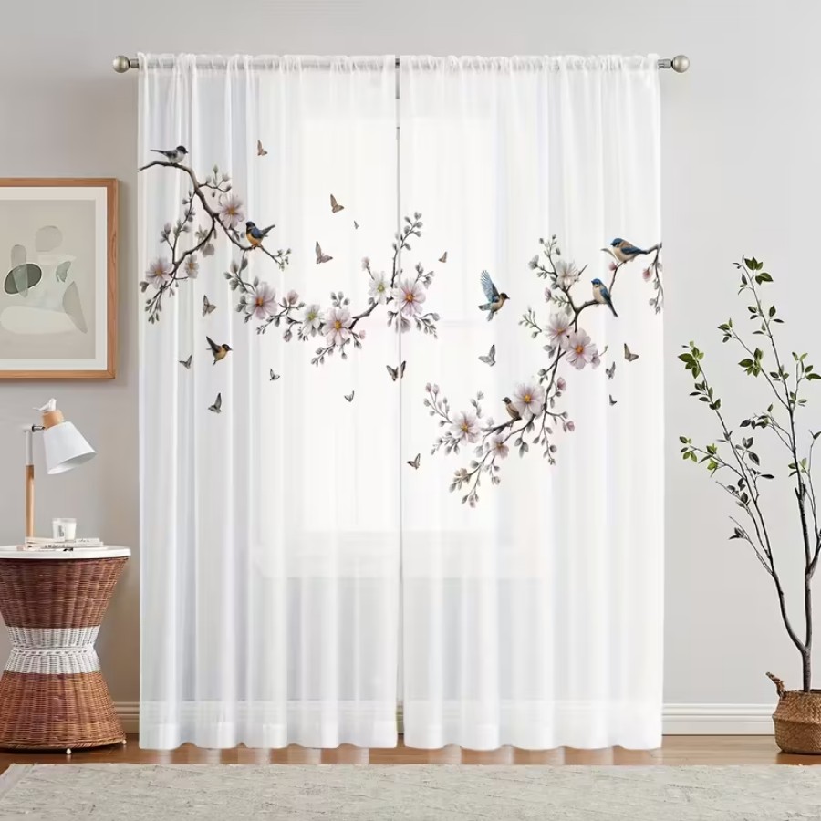 Flower Wall Panel - قطعتان من الستائر الشفافة المطبوعة رقميًا،